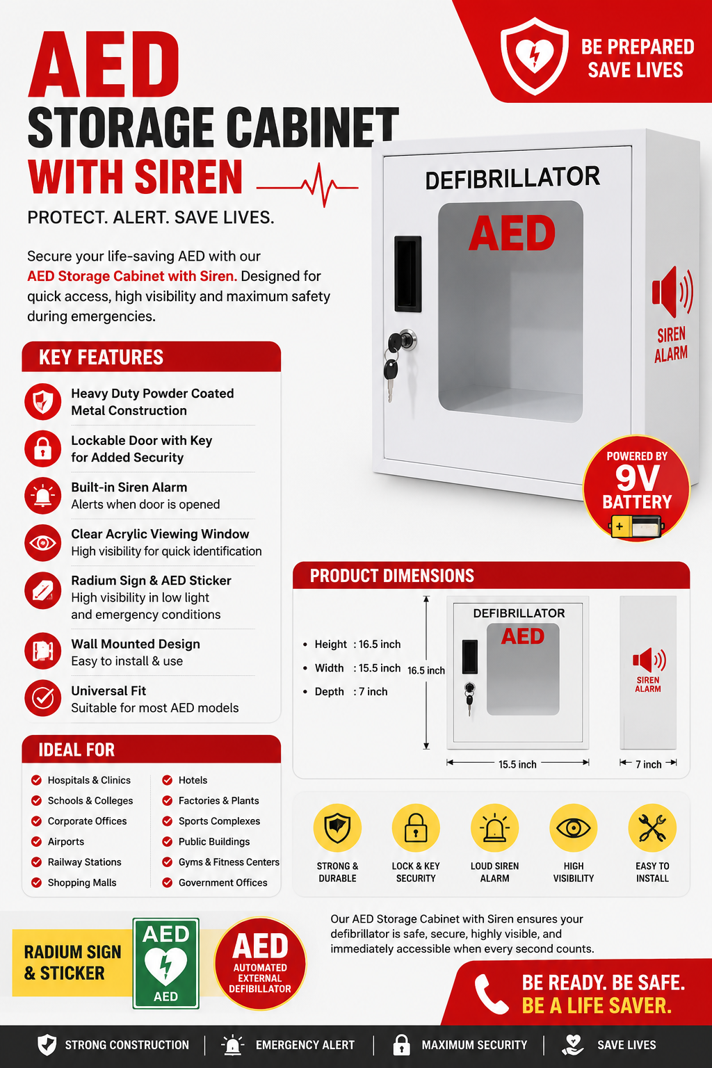 AED Storage Cabinet with Siren